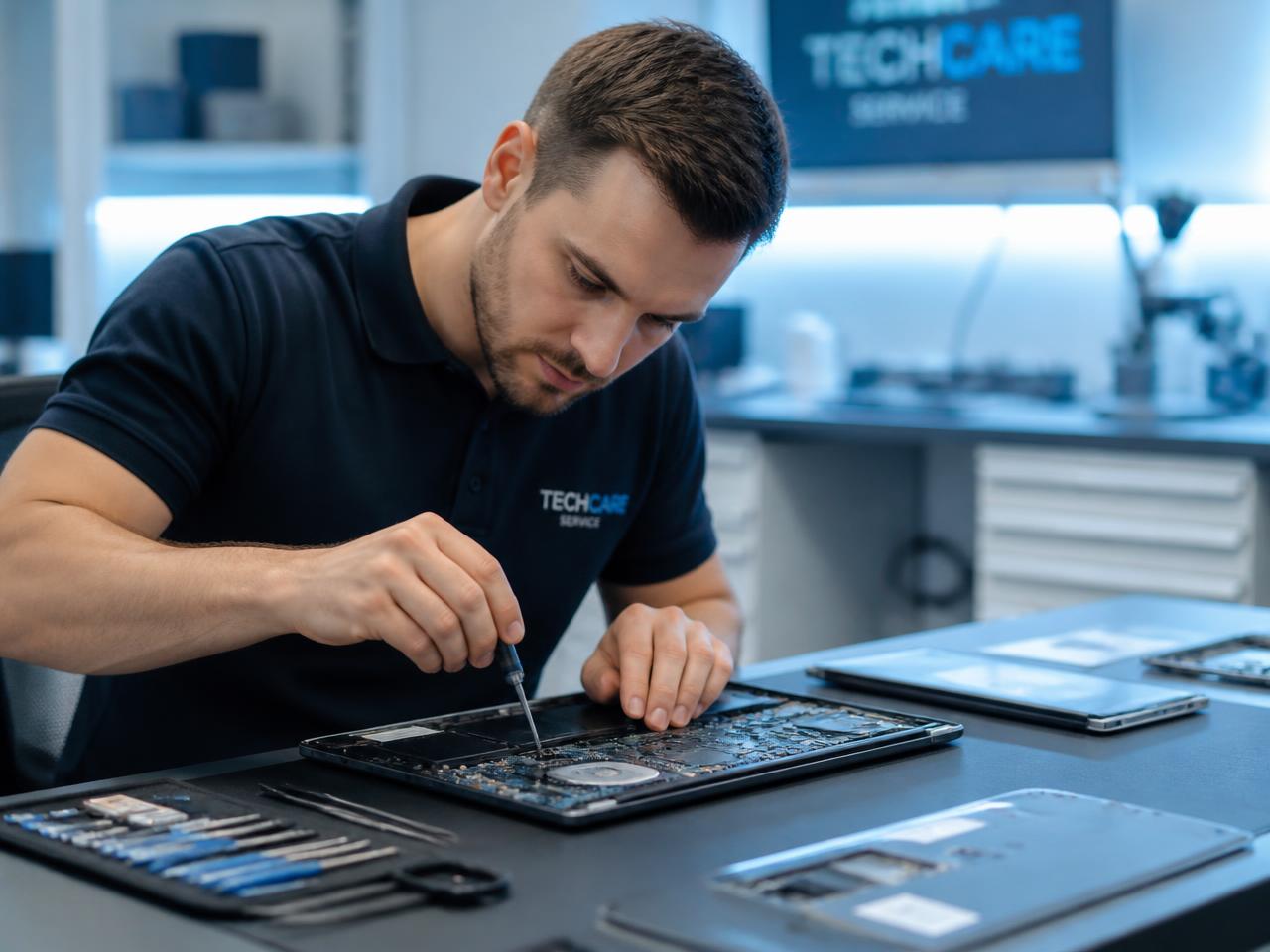 Technician repairing a laptop motherboard at Alfa Computer & Services in Patiala